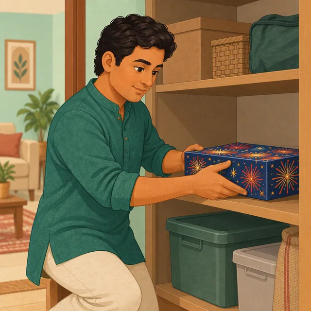 An adult places a closed fireworks carton in a separate storage area.