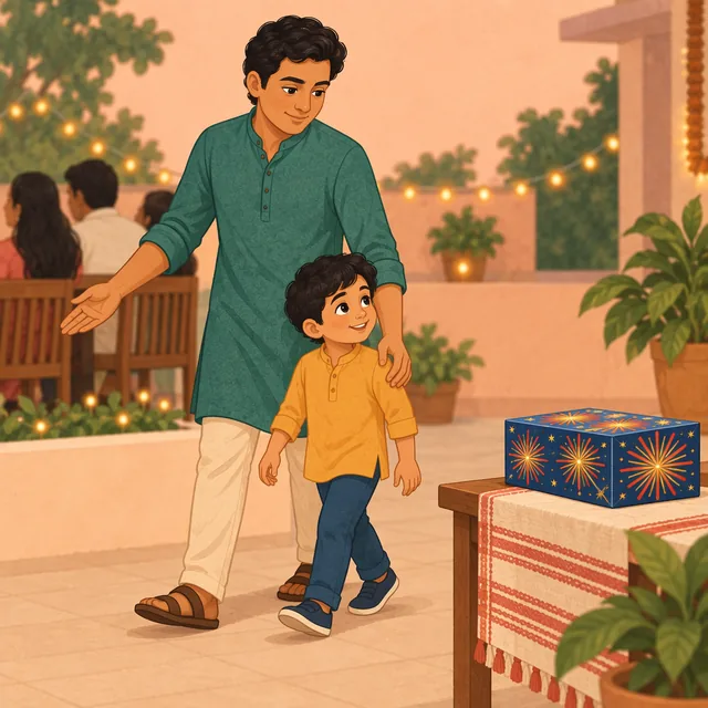 An adult guides a child with empty hands away from fireworks.