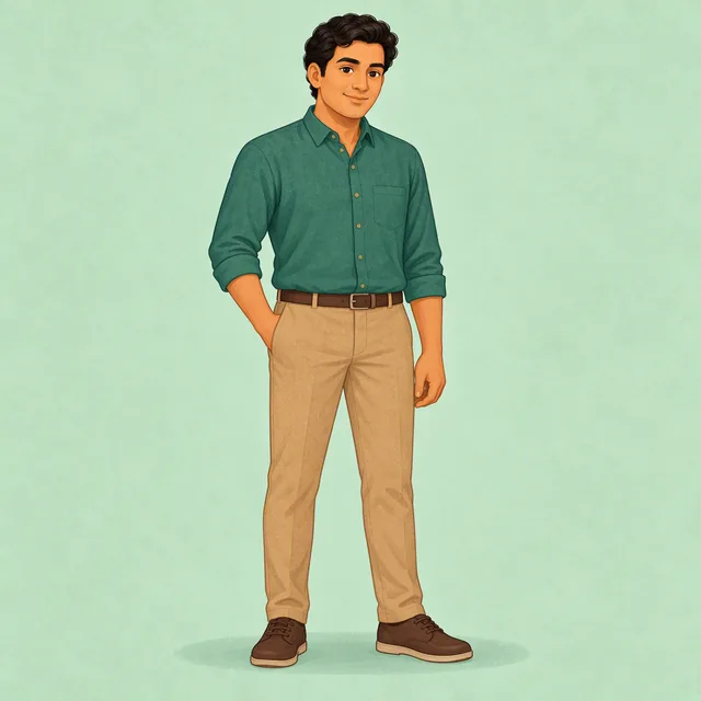 An adult wearing a neatly secured shirt, trousers and closed shoes.