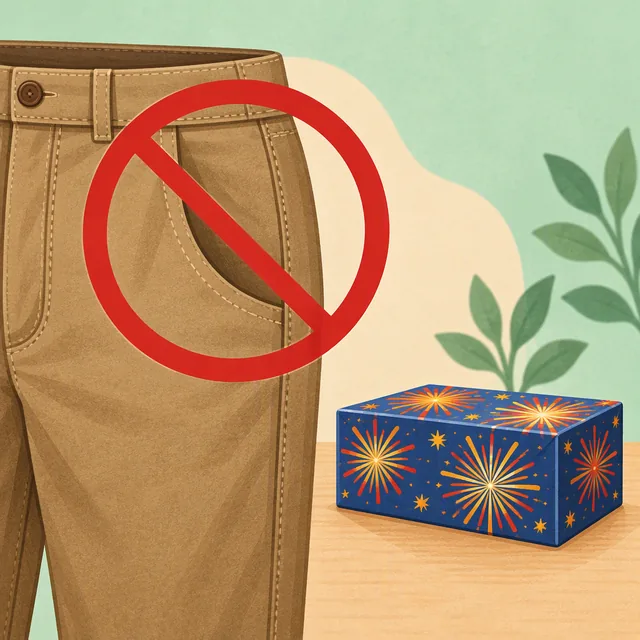 A prohibition symbol over a pocket warns against carrying fireworks in clothing.