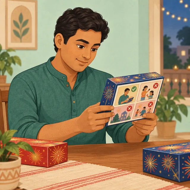 An adult reads the instructions on a closed fireworks pack.