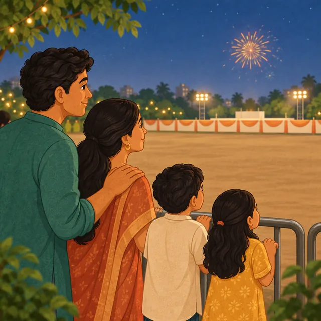 Spectators stand behind a barrier, separated from a distant display area.